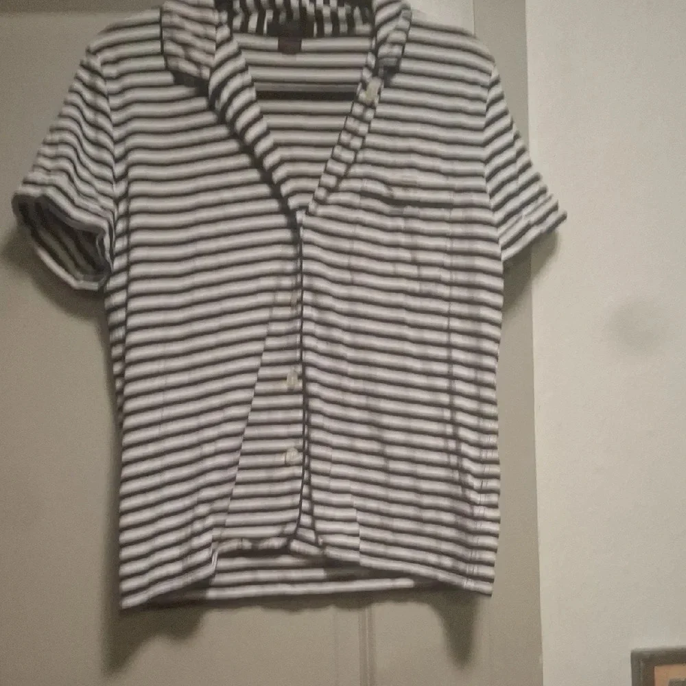 JC CREW Black and White Striped Button Down Shirt with V-Neck